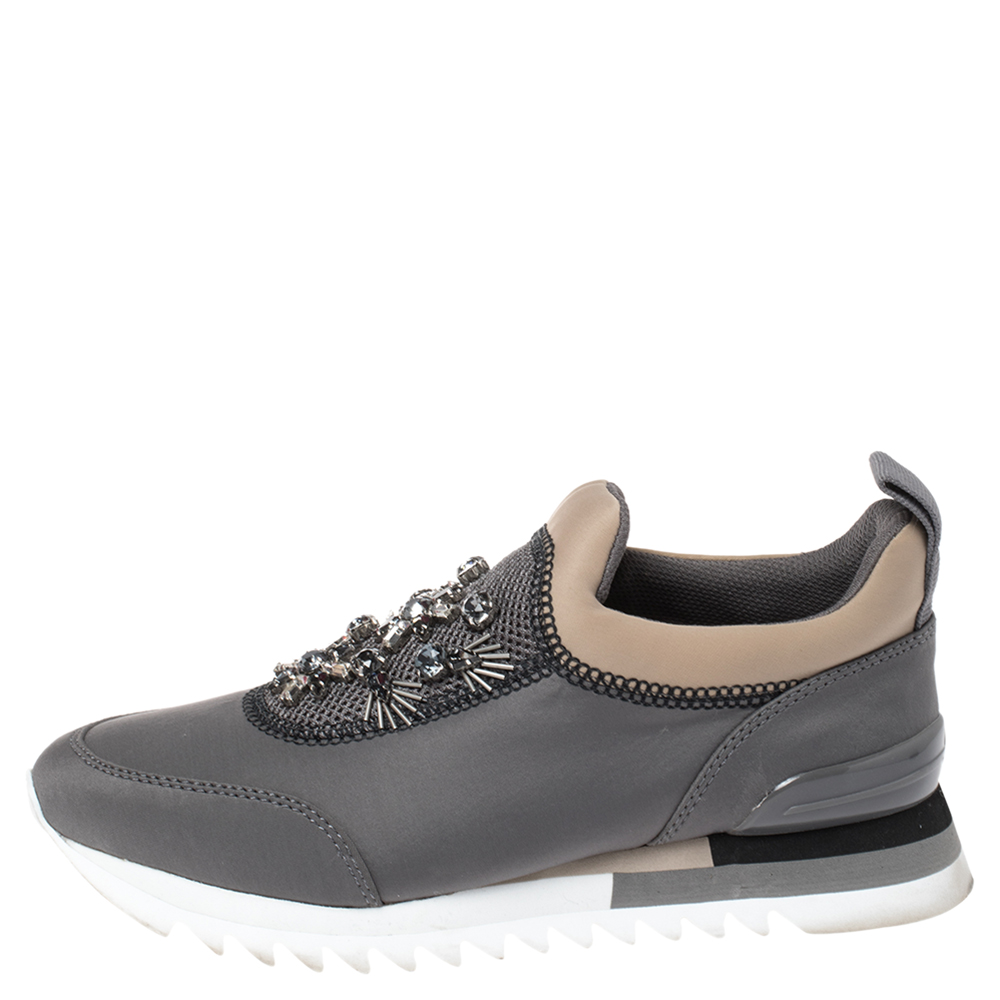 

Tory Burch Grey Neoprene Storm Cloud Crystal Embellished Mesh Paneled Slip On Sneakers Size