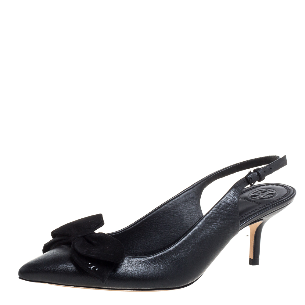 مملوكة مسبقًا Tory Burch Black Leather Bow Slingback Sandals Size 38