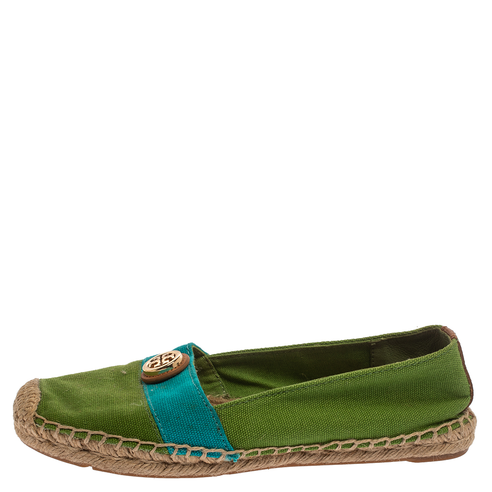 

Tory Burch Green/Blue Canvas Beacher Espadrille Flats Size