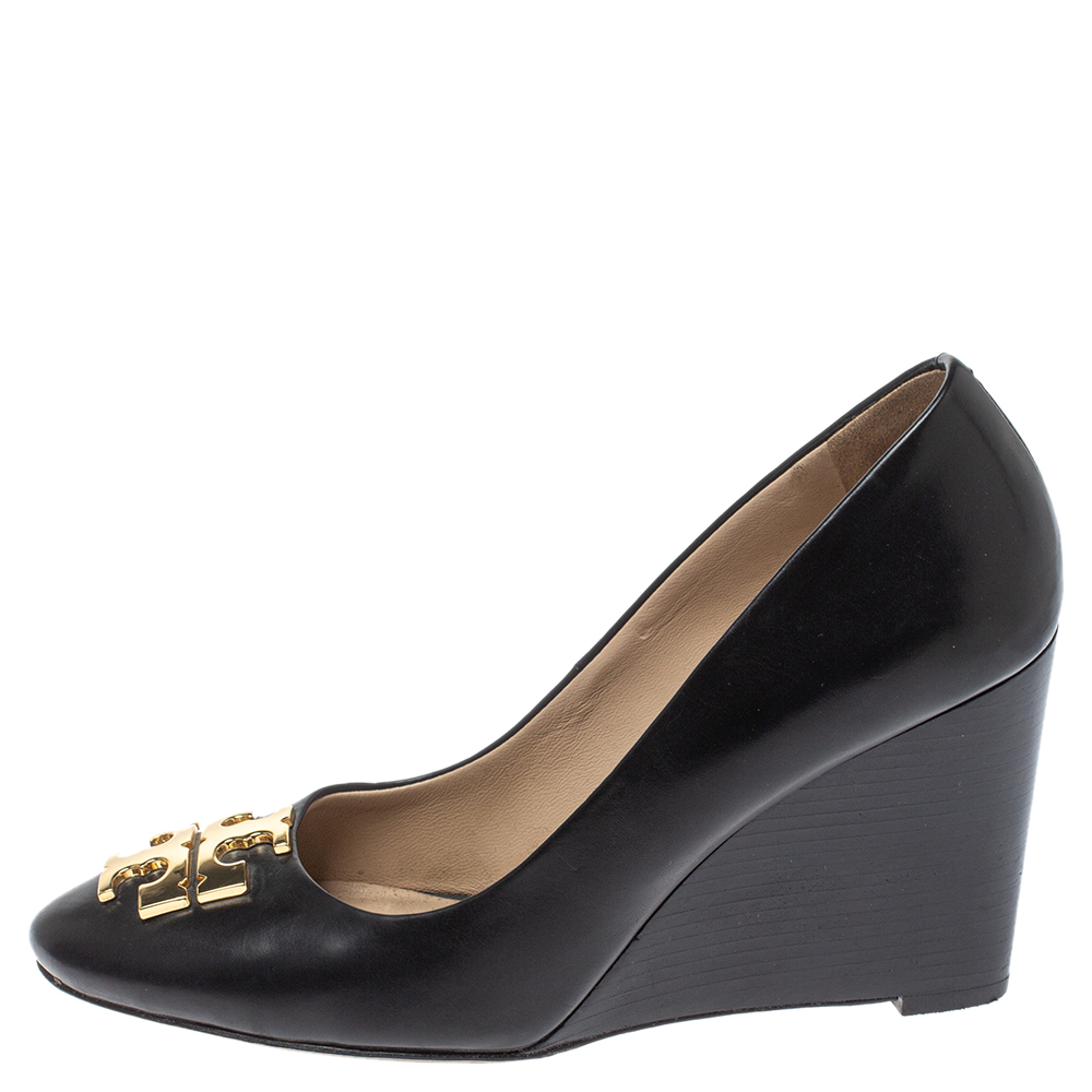 

Tory Burch Black Leather Lowell Wedge Pumps Size