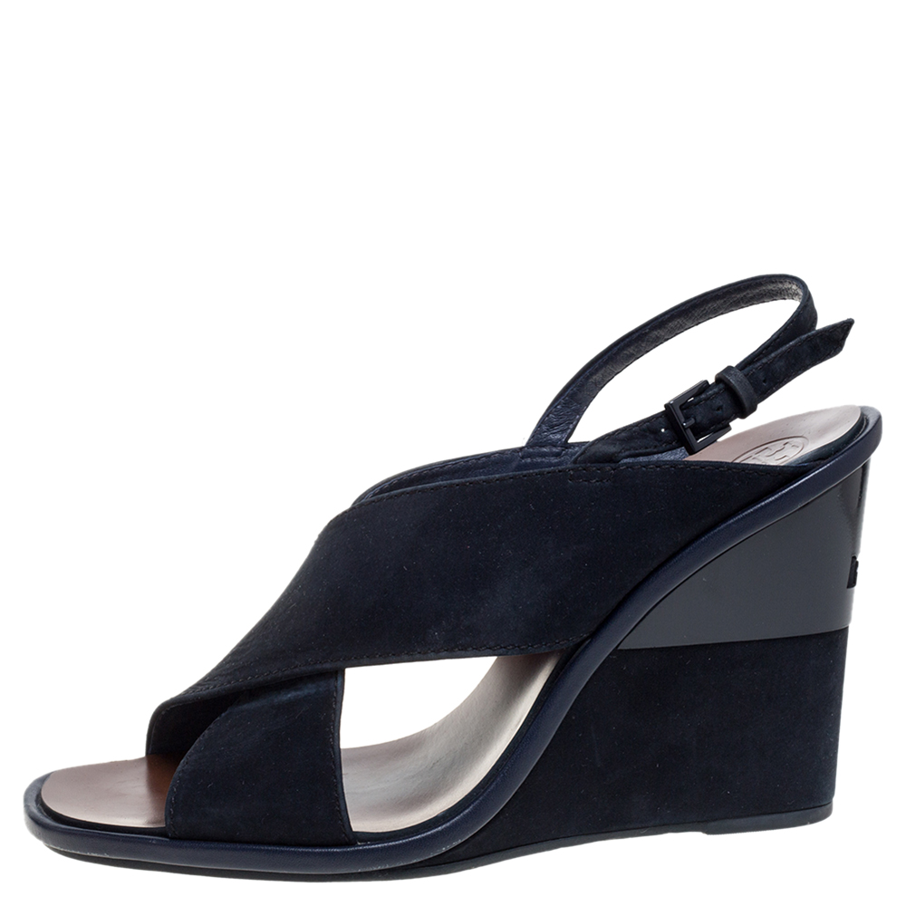 

Tory Burch Navy Blue Suede Gabrielle Slingback Wedge Sandals Size