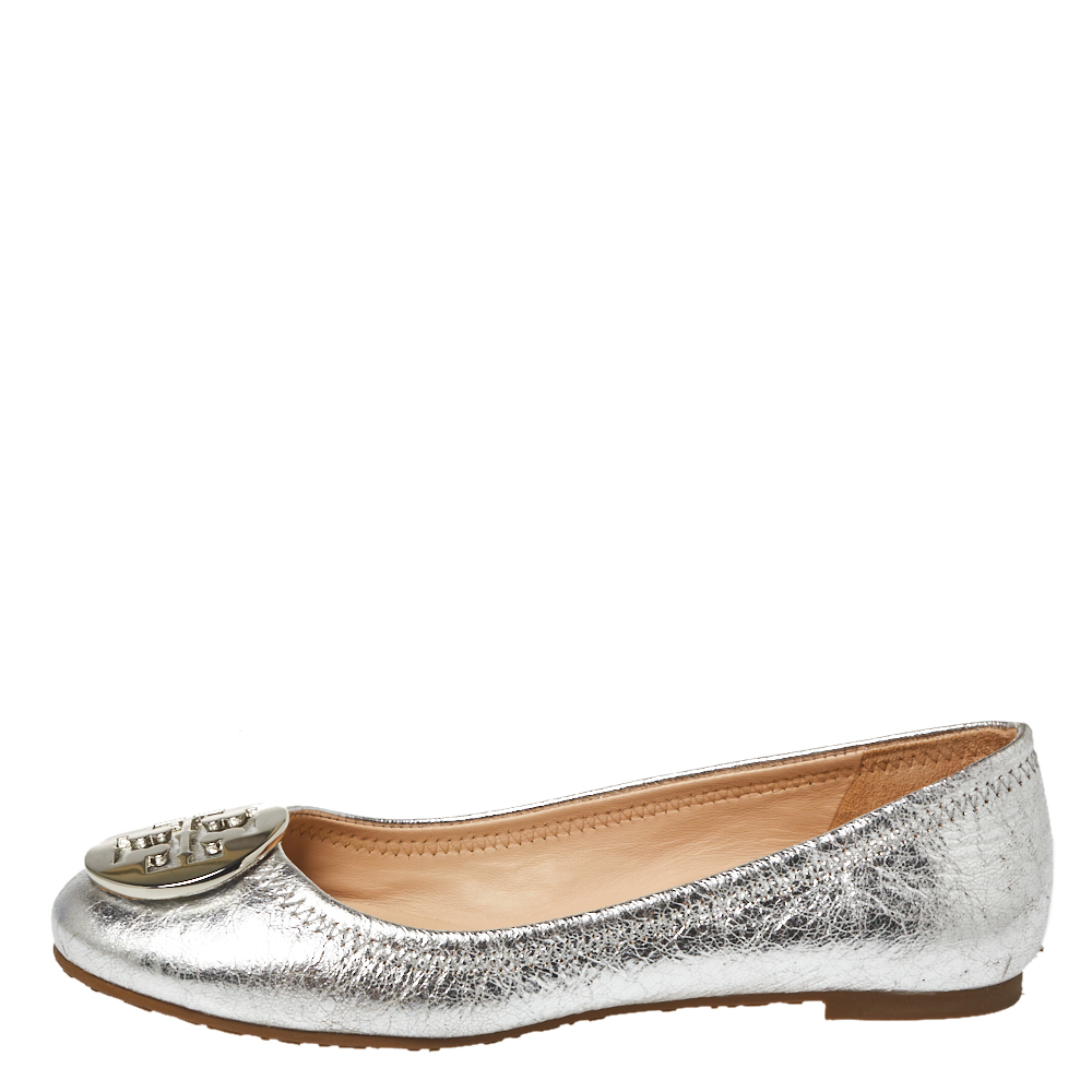 

Tory Burch Silver Leather Reva Ballet Flats Size