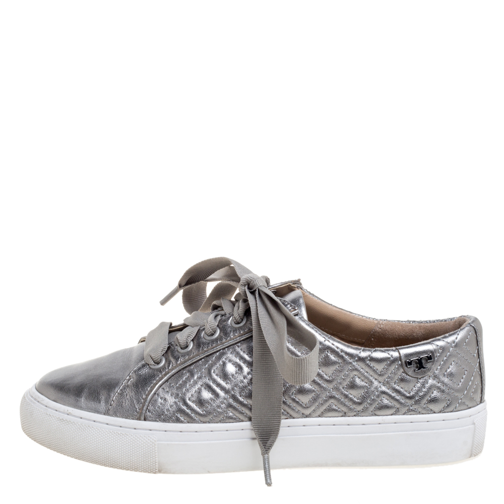 

Tory Burch Metallic Grey Marion Quilted Leather Low Top Sneakers Size