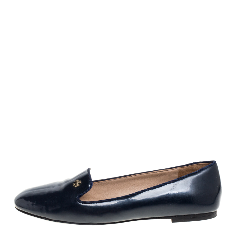 

Tory Burch Navy Blue Patent Leather Samantha Smoking Slippers Size