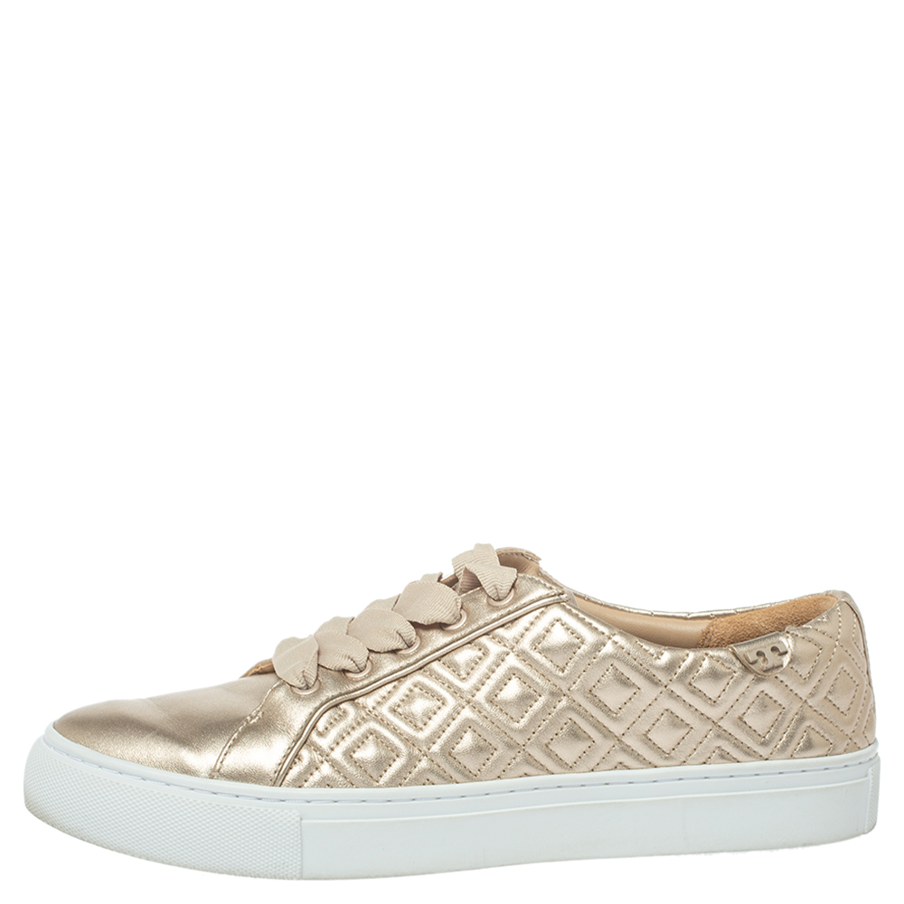 

Tory Burch Light Gold Quilted Leather Marion Sneakers Size