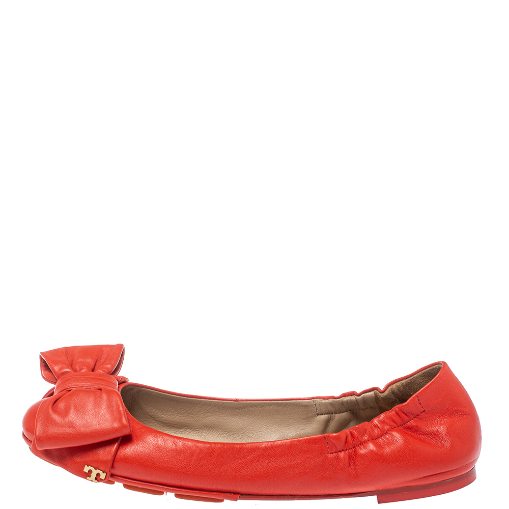 

Tory Burch Orange Leather Scrunch Bow Ballet Flats Size
