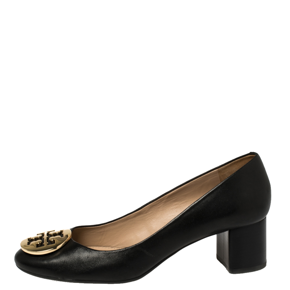 

Tory Burch Black Leather Janey Block Heel Pumps Size