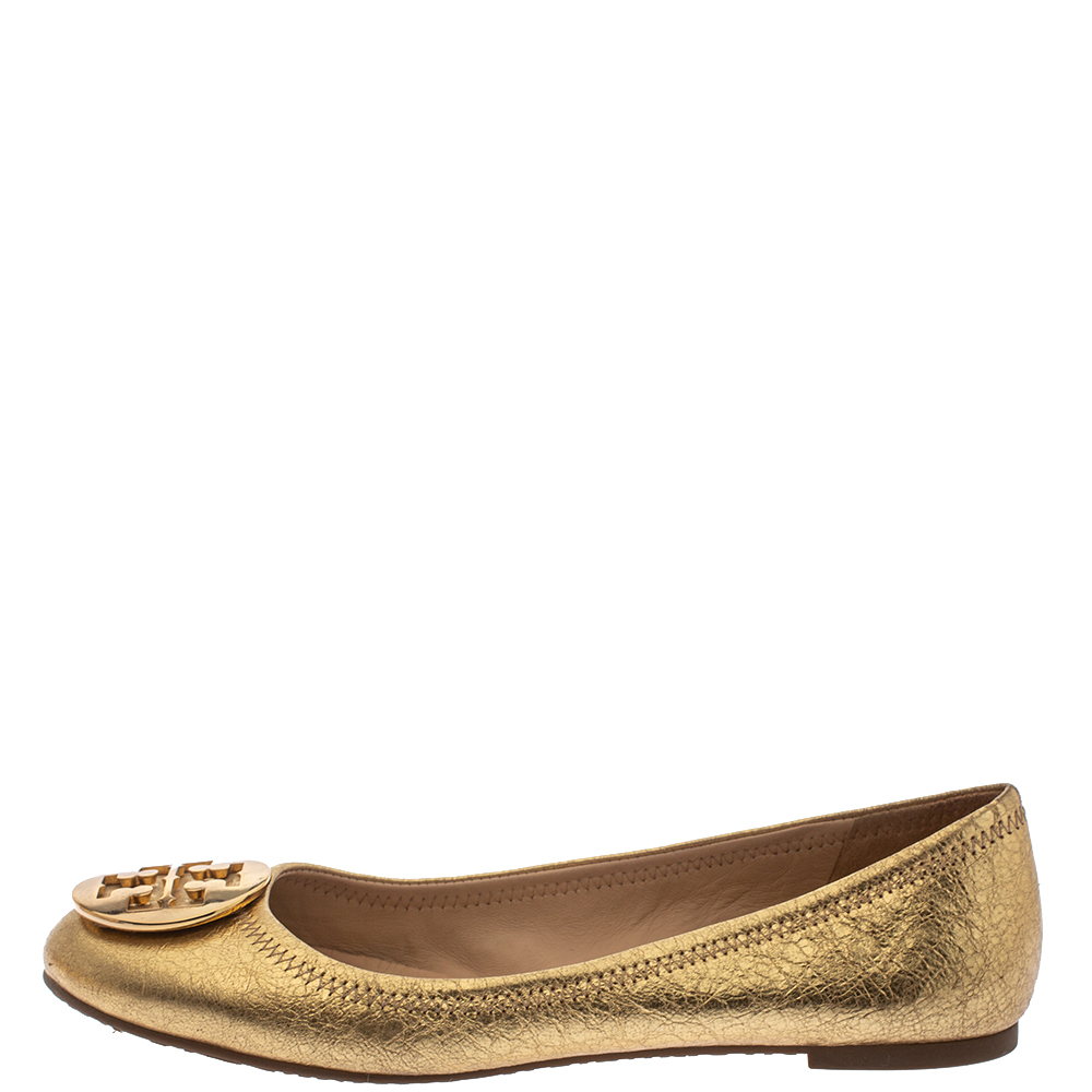 

Tory Burch Gold Leather Reva Ballet Flats Size
