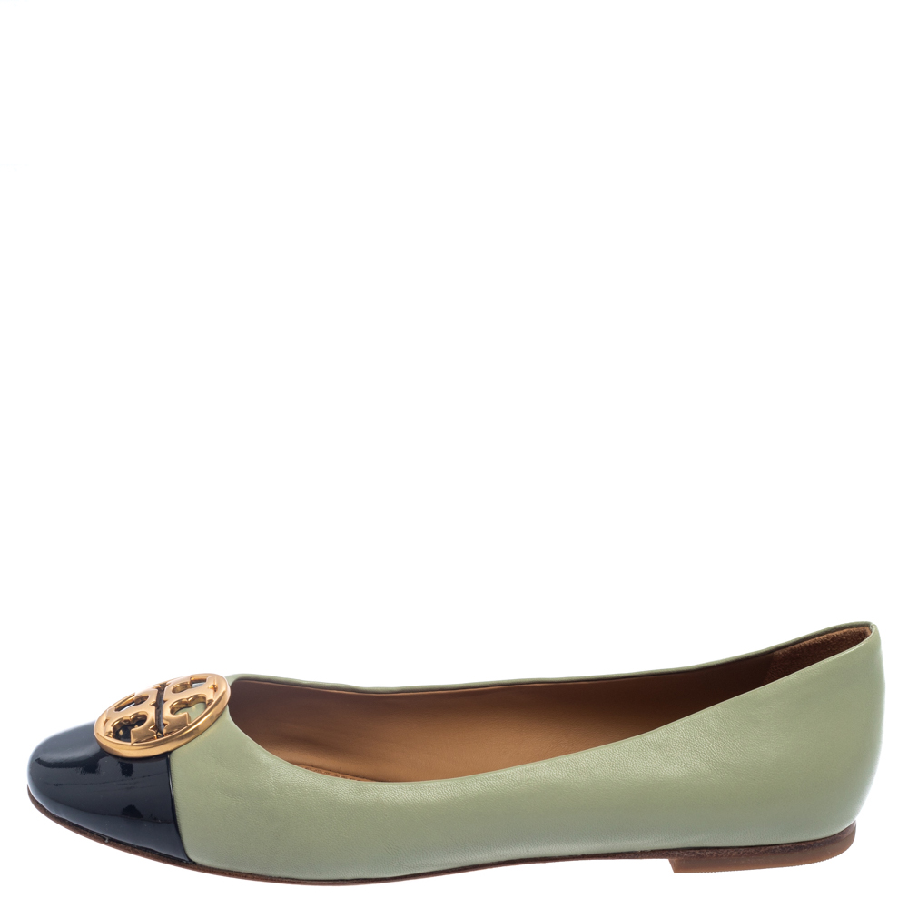 

Tory Burch Green/Black Leather Cap Toe Ballet Flats Size