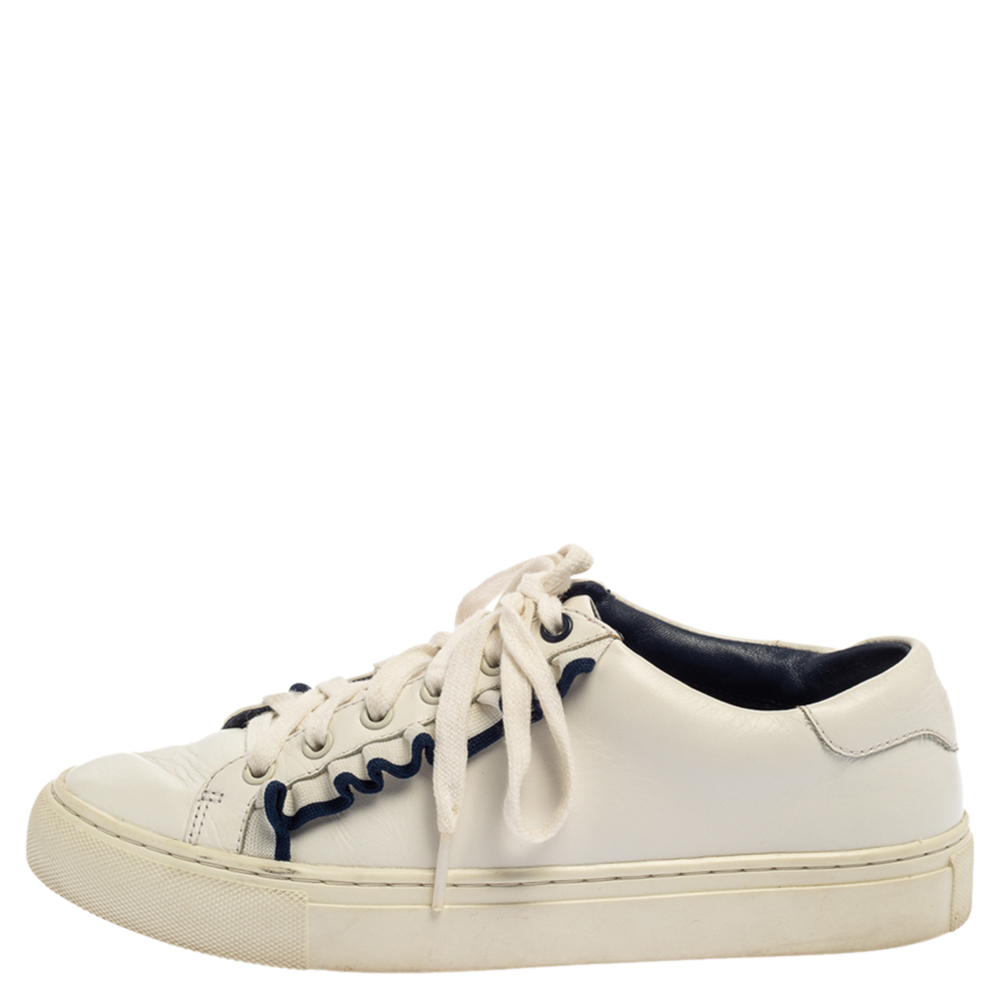 

Tory Burch White Leather Ruffle Low Top Sneakers Size