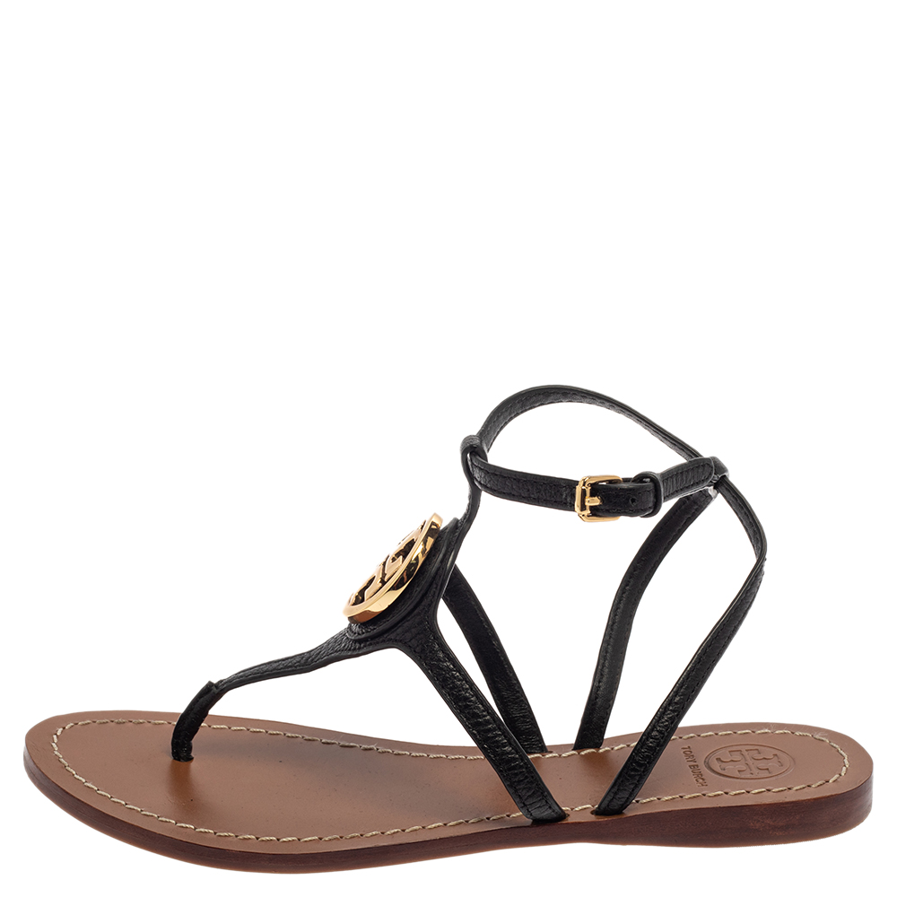 

Tory Burch Black Leather Logo Embellished Thong Flat Sandals Size