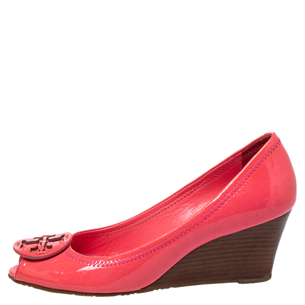 

Tory Burch Pink Patent Leather Wedge Peep Toe Pumps Size