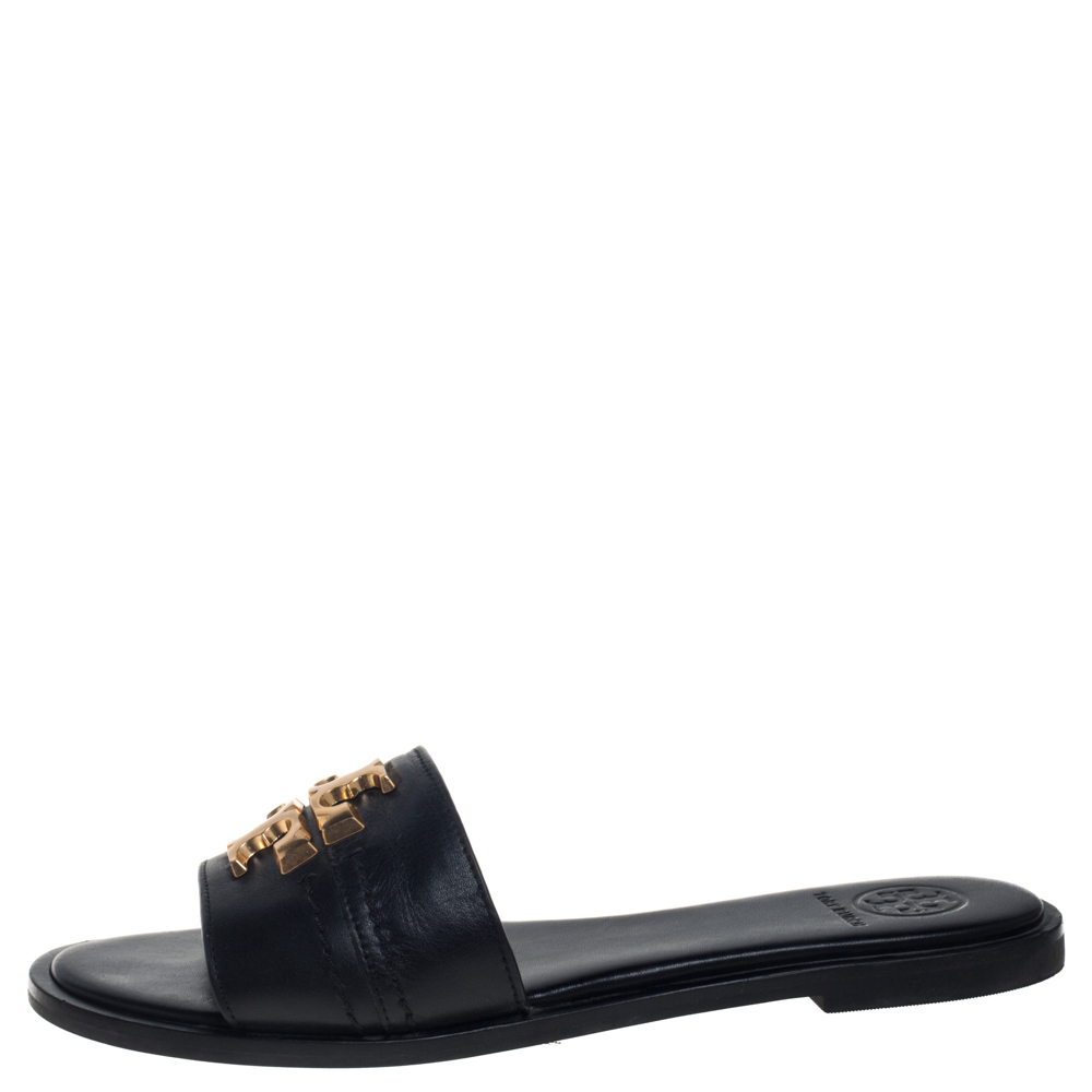 

Tory Burch Black Leather Everly Flat Slides Size