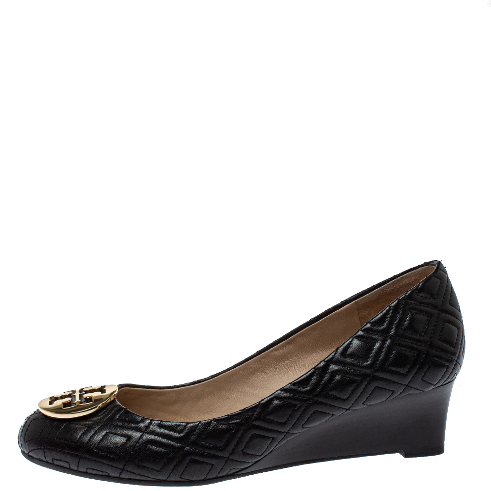 

Tory Burch Black Leather Marion Wedge Pumps Size