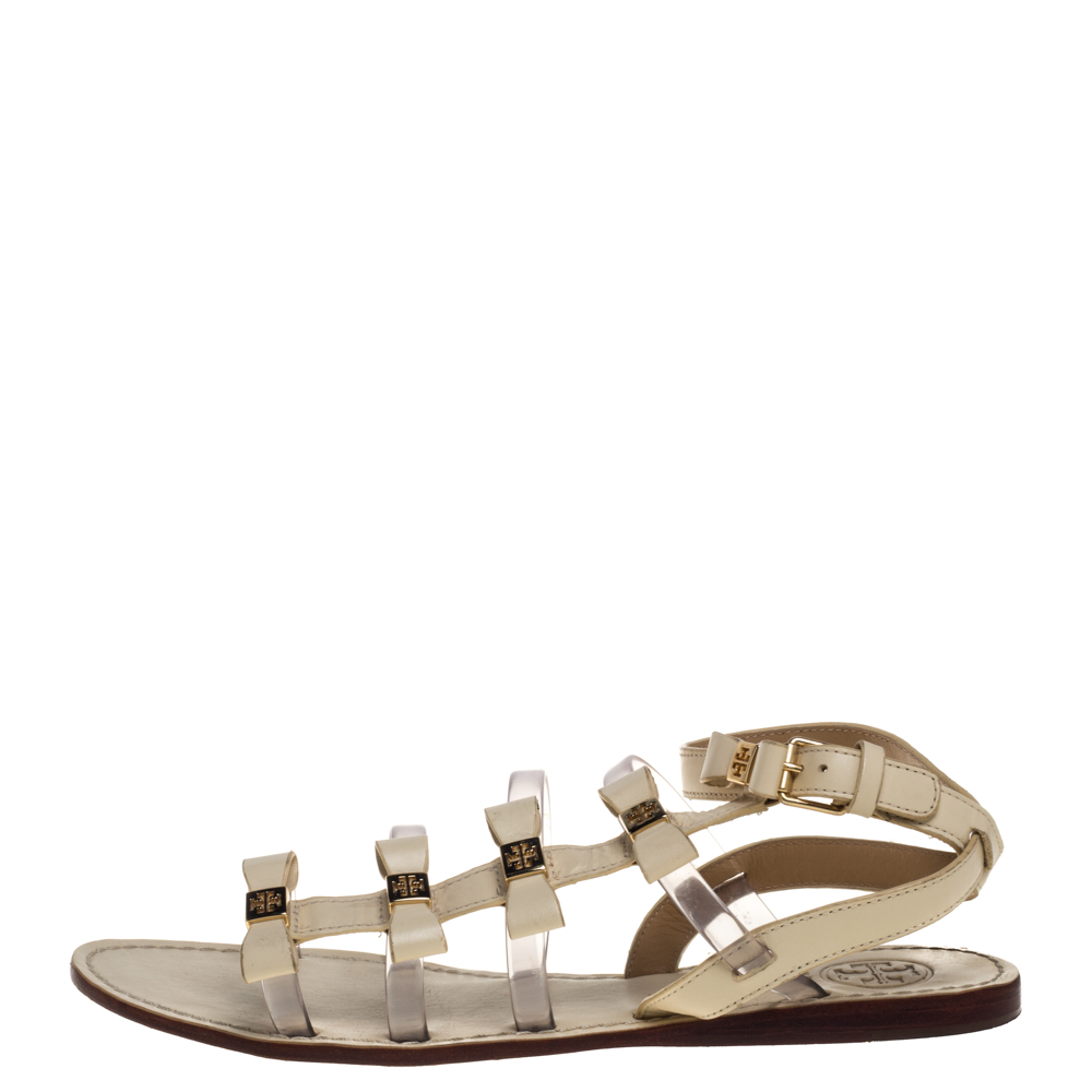 

Tory Burch Cream Leather And PVC Gladiator Flat Sandals Size