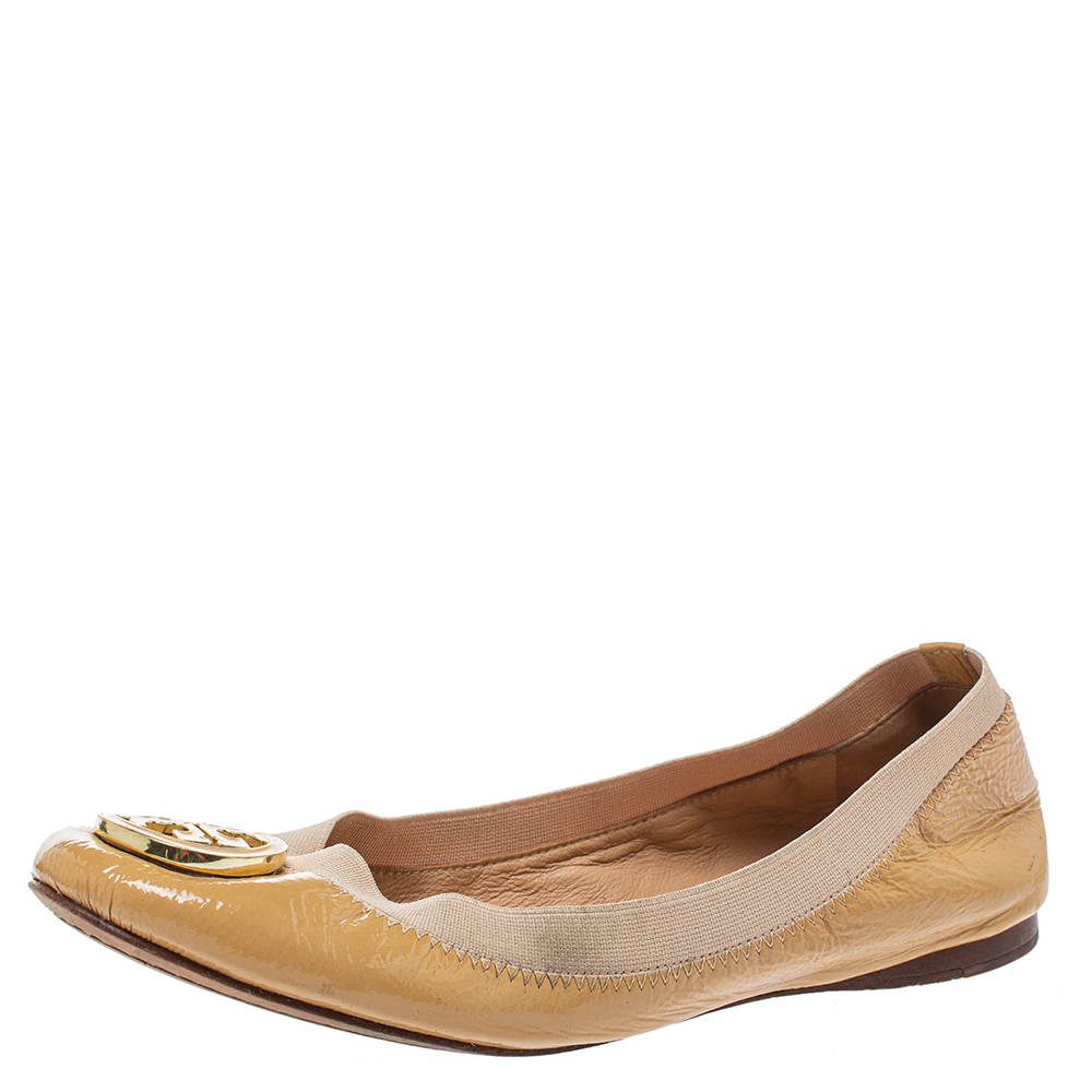 Pre-owned Tory Burch Beige Patent Leather Caroline Ballet Flats Size 38