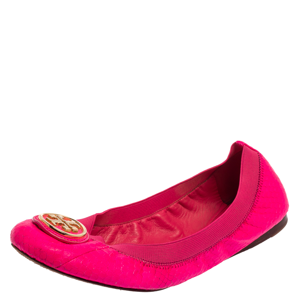 Pre-owned Tory Burch Neon Pink Python Embossed Leather Caroline Ballet Flats Size 38