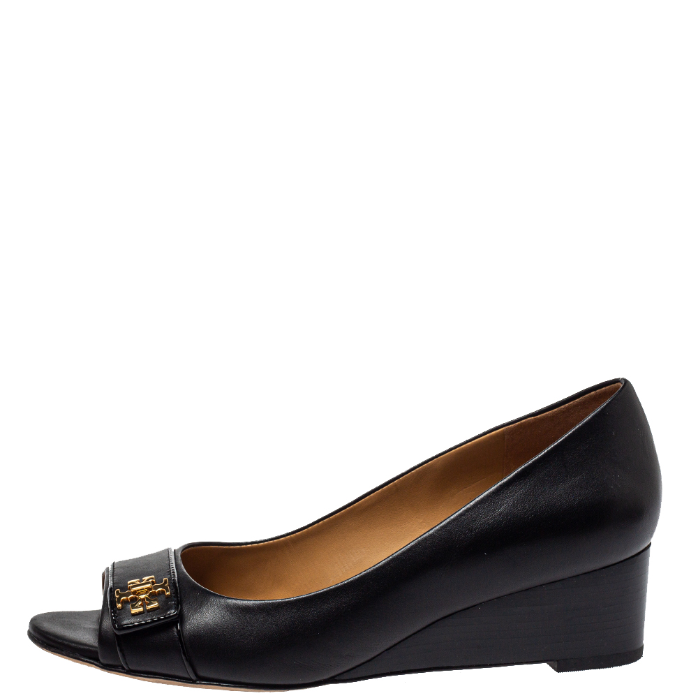 

Tory Burch Back Leather Peep Toe Wedge Pumps Size, Black
