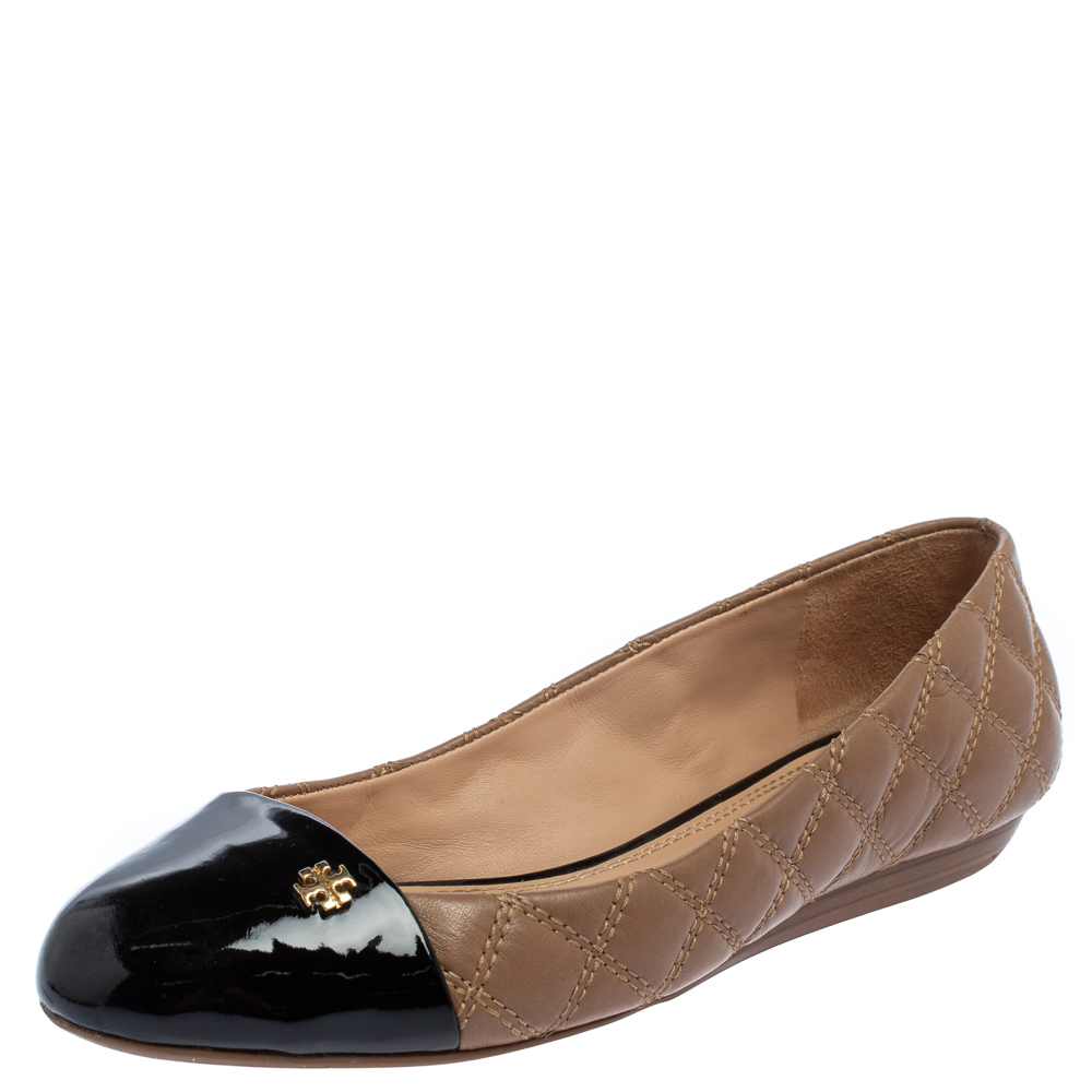 Pre-owned Tory Burch Beige/black Leather Claremont Ballet Flats Size 37.5