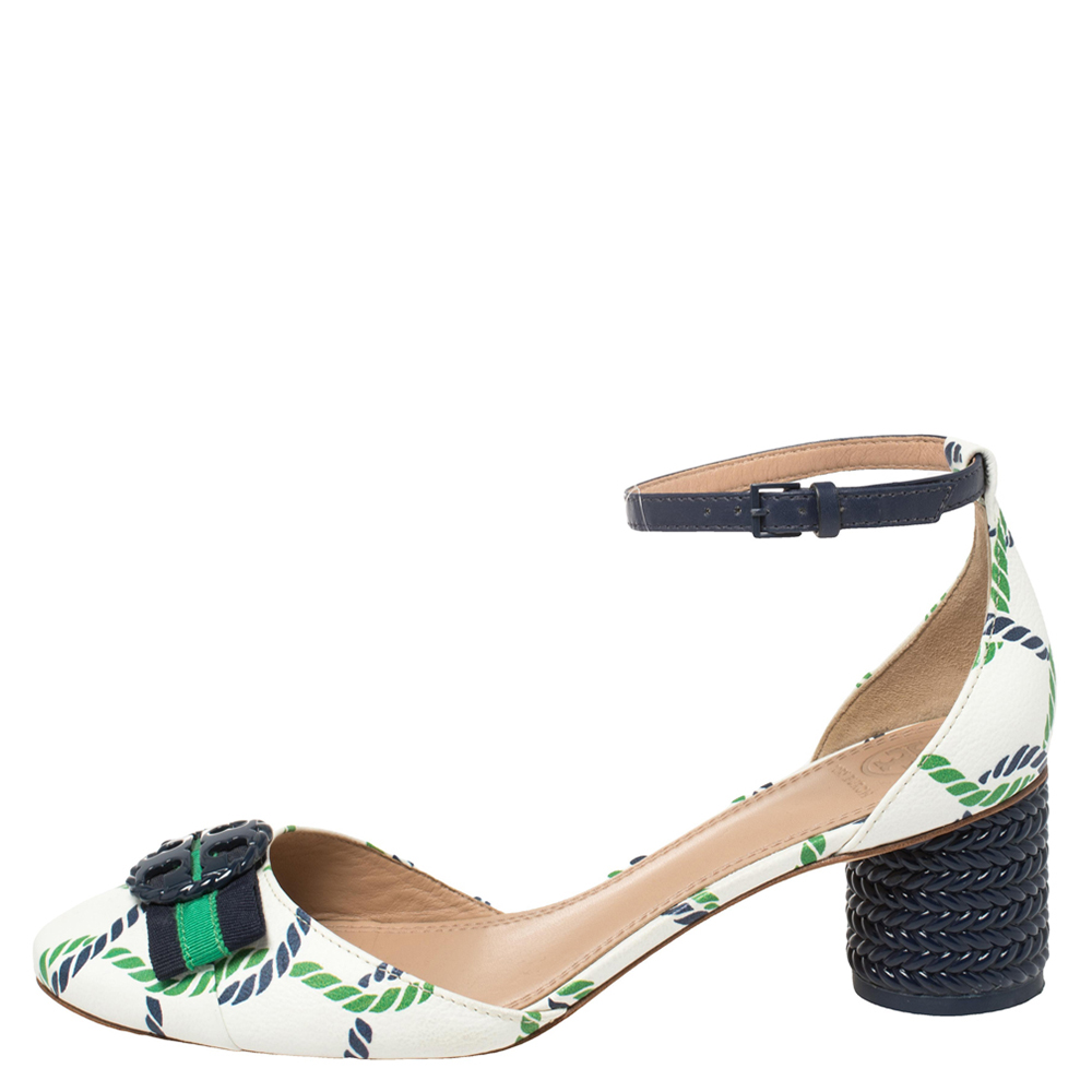 

Tory Burch White/Blue Printed Leather Ankle Strap Sandals Size