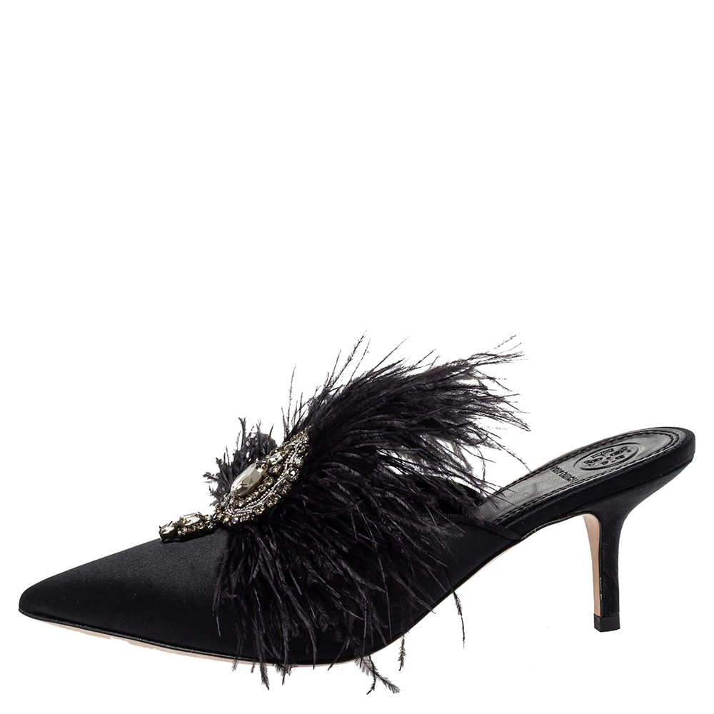 

Tory Burch Black Satin Elodie Feather Embellished Mule Sandals Size