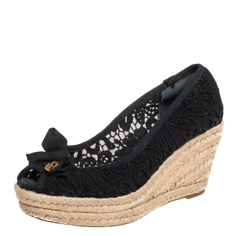 Pre-owned Tory Burch Black Lace Espadrille Wedge Pumps Size 37