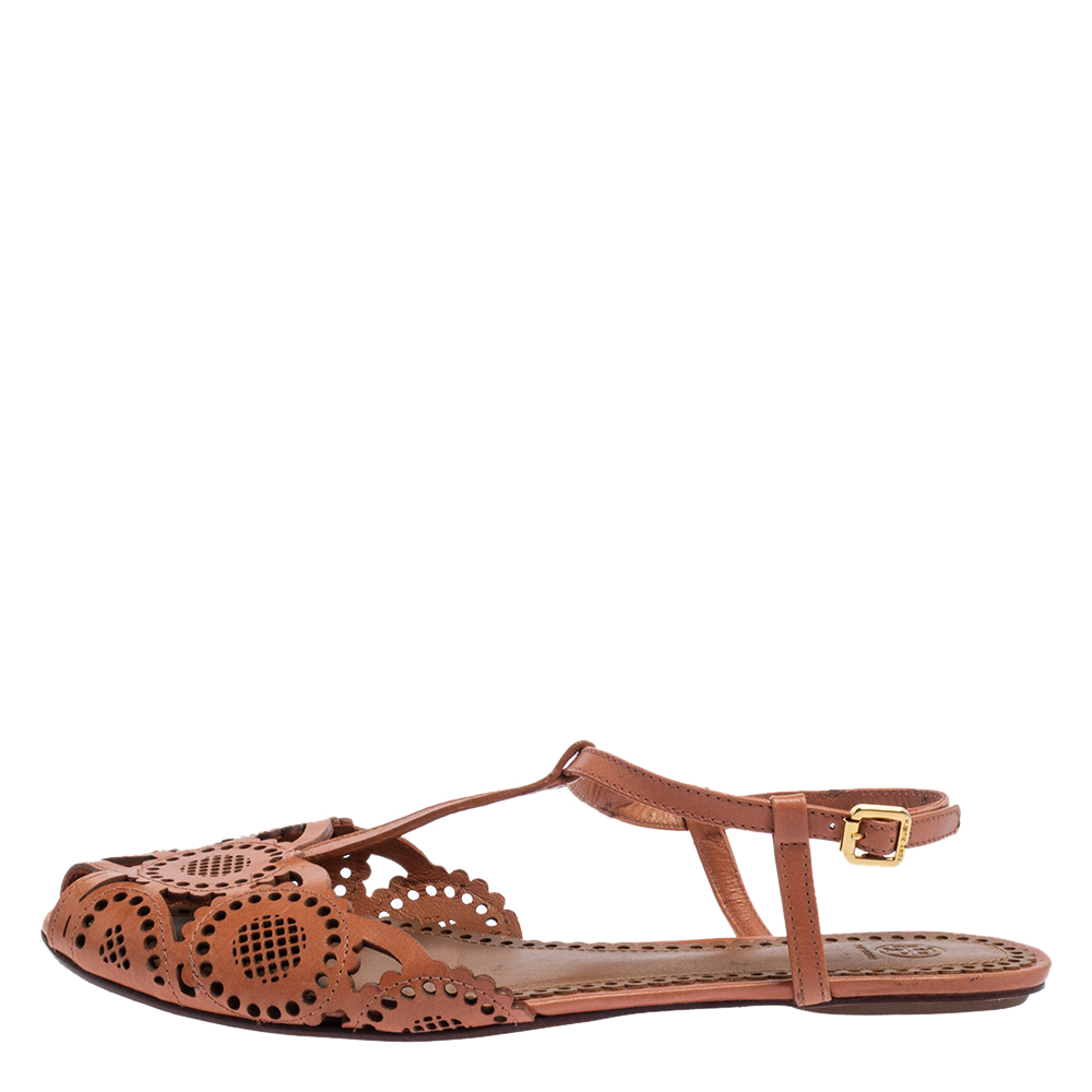 

Tory Burch Tan Laser Cut Leather Alexa Flat T-strap Sandals Size