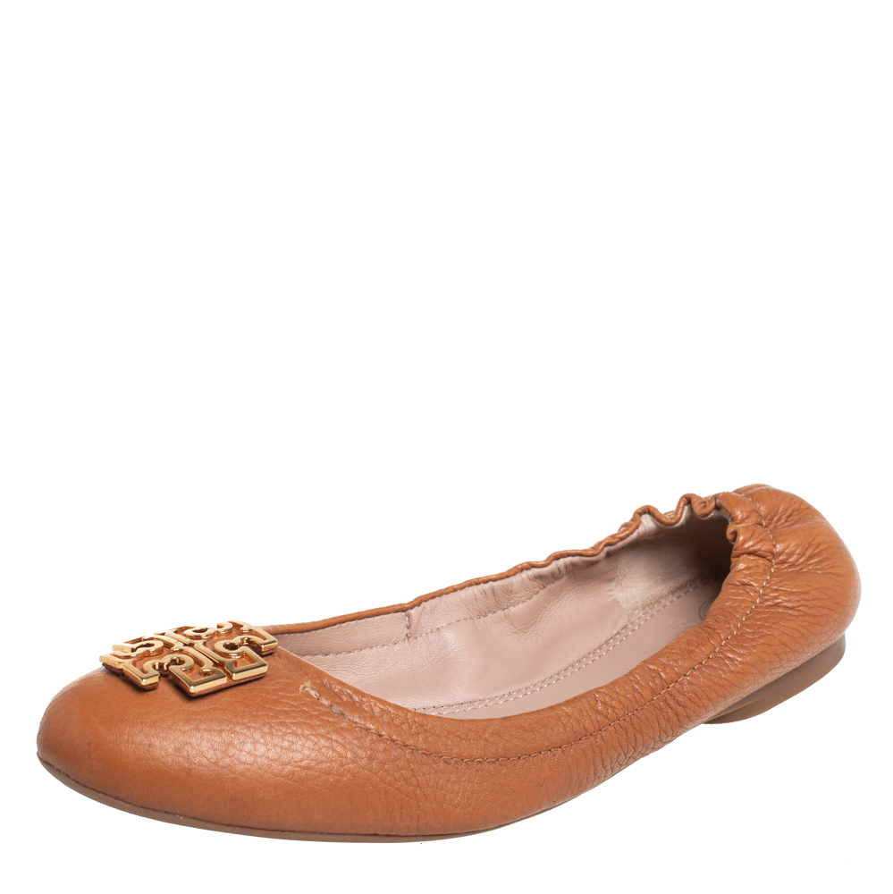 Pre-owned Tory Burch Tan Leather Melinda Flats Size 37.5