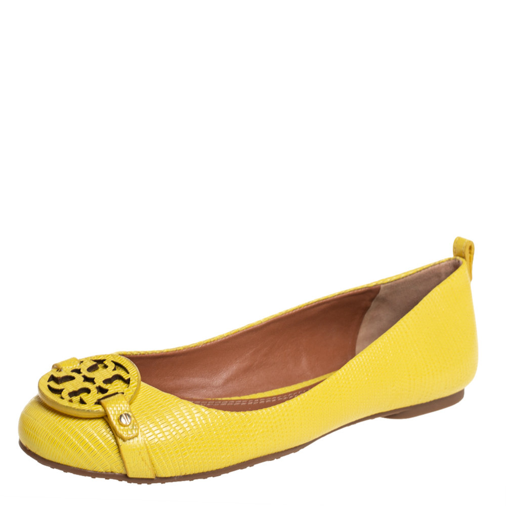 Pre-owned Tory Burch Yellow Lizard Embossed Leather Ballet Flats Size 37