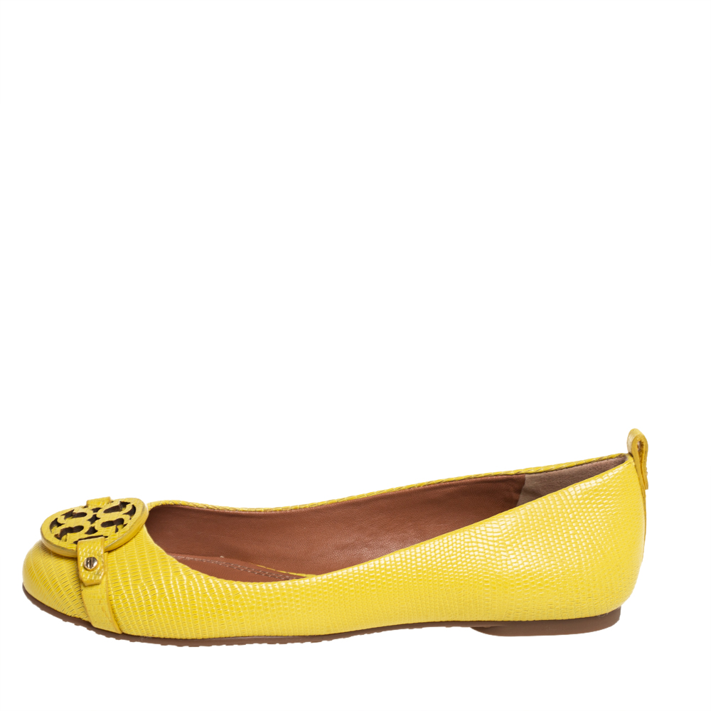 

Tory Burch Yellow Lizard Embossed Leather Ballet Flats Size