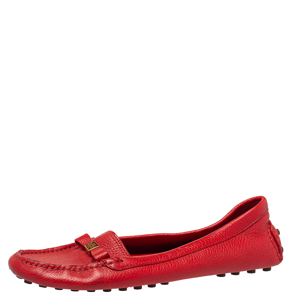 Pre-owned Tory Burch Red Leather Bow Loafers Size 40