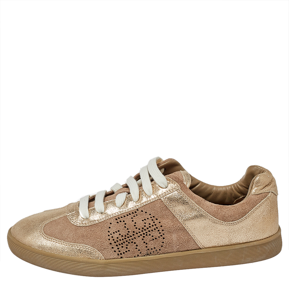 

Tory Burch Beige/Gold Suede And Leather Perforated Logo Lace Up Sneakers Size