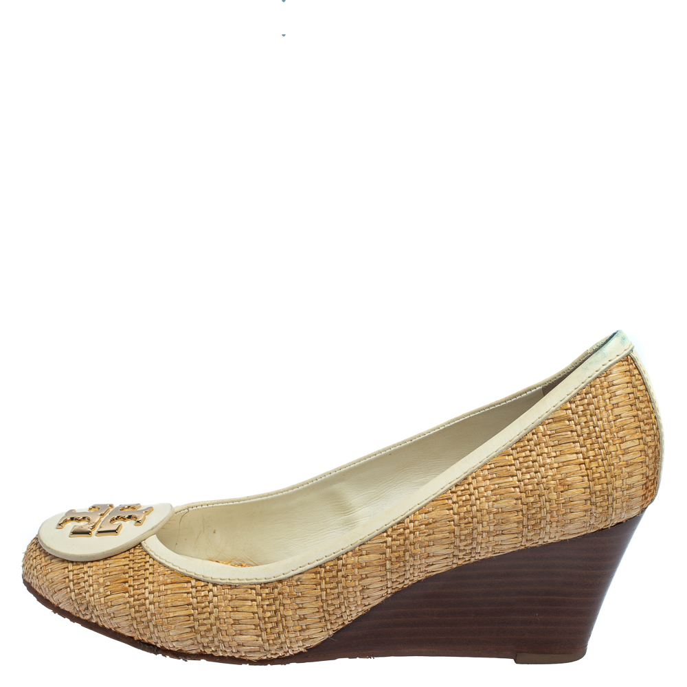 

Tory Burch Beige/White Jute And Leather Wedge Pumps Size