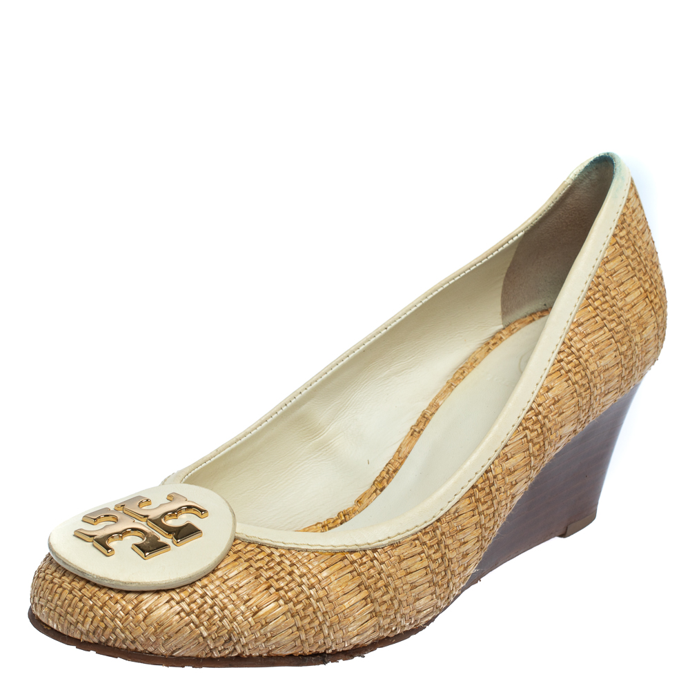 Pre-owned Tory Burch Beige/white Jute And Leather Wedge Pumps Size 38.5