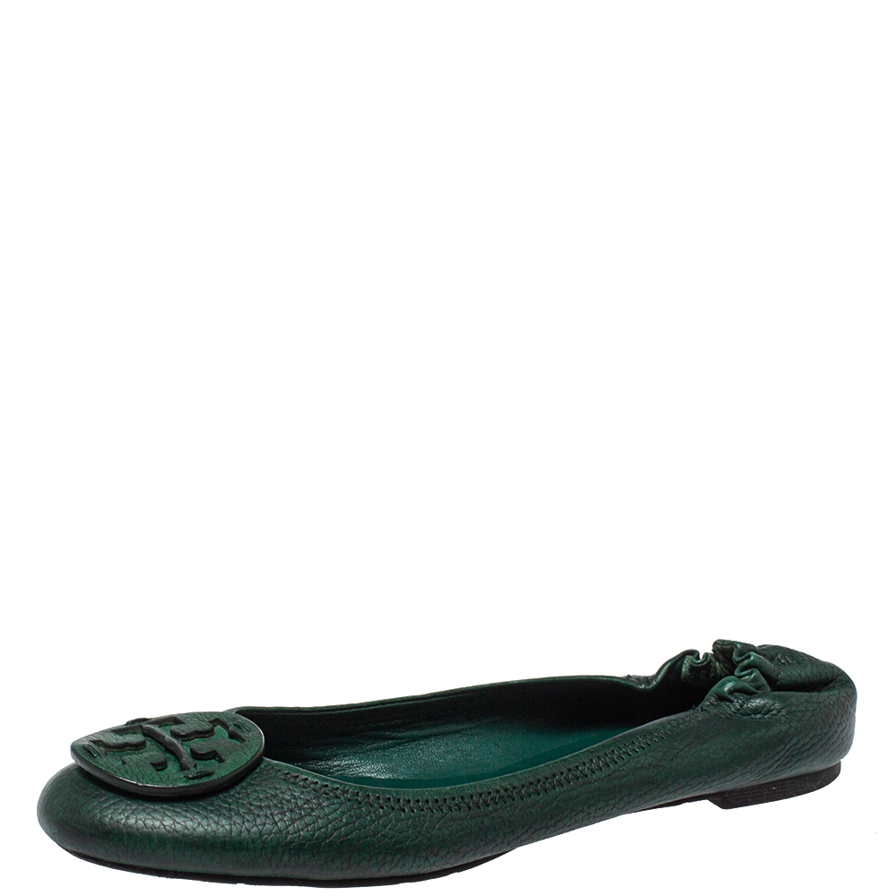Pre-owned Tory Burch Green Leather Reva Scrunch Ballet Flats Size 39.5