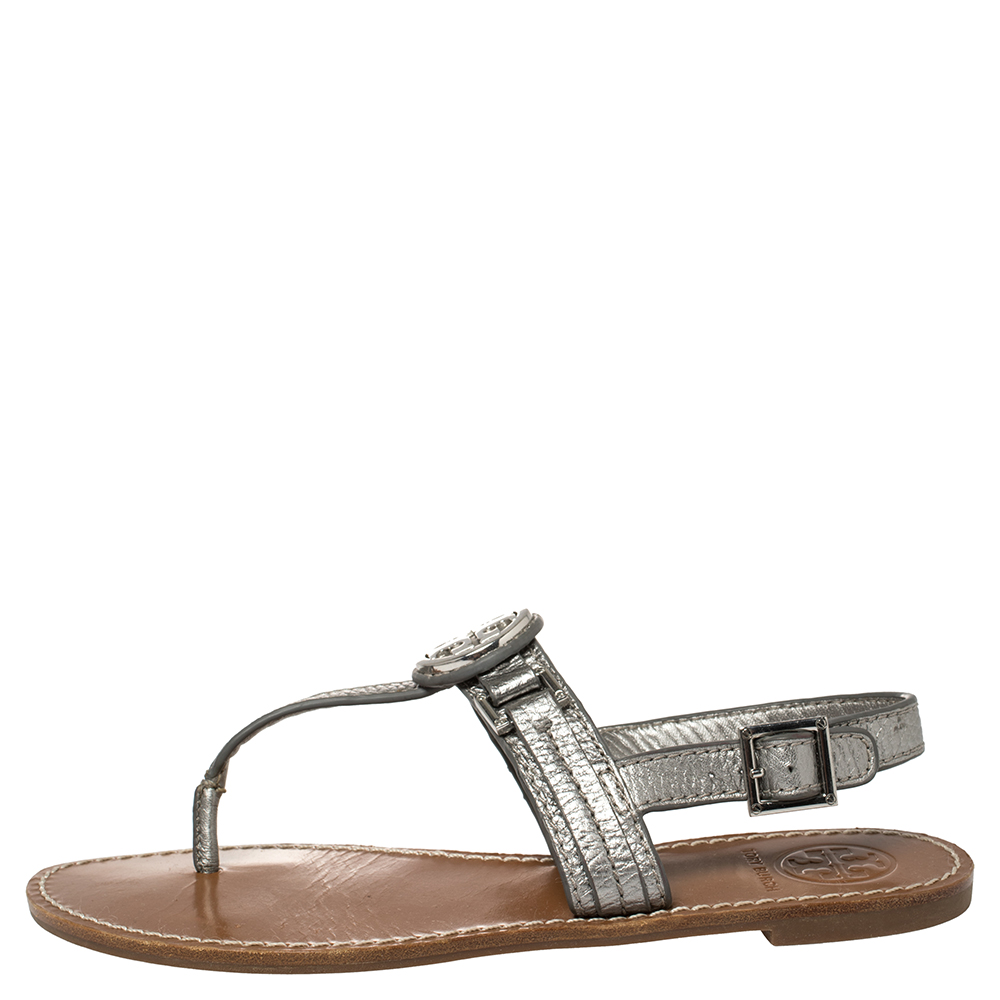 

Tory Burch Metallic Silver Leather Thong Sandals Size