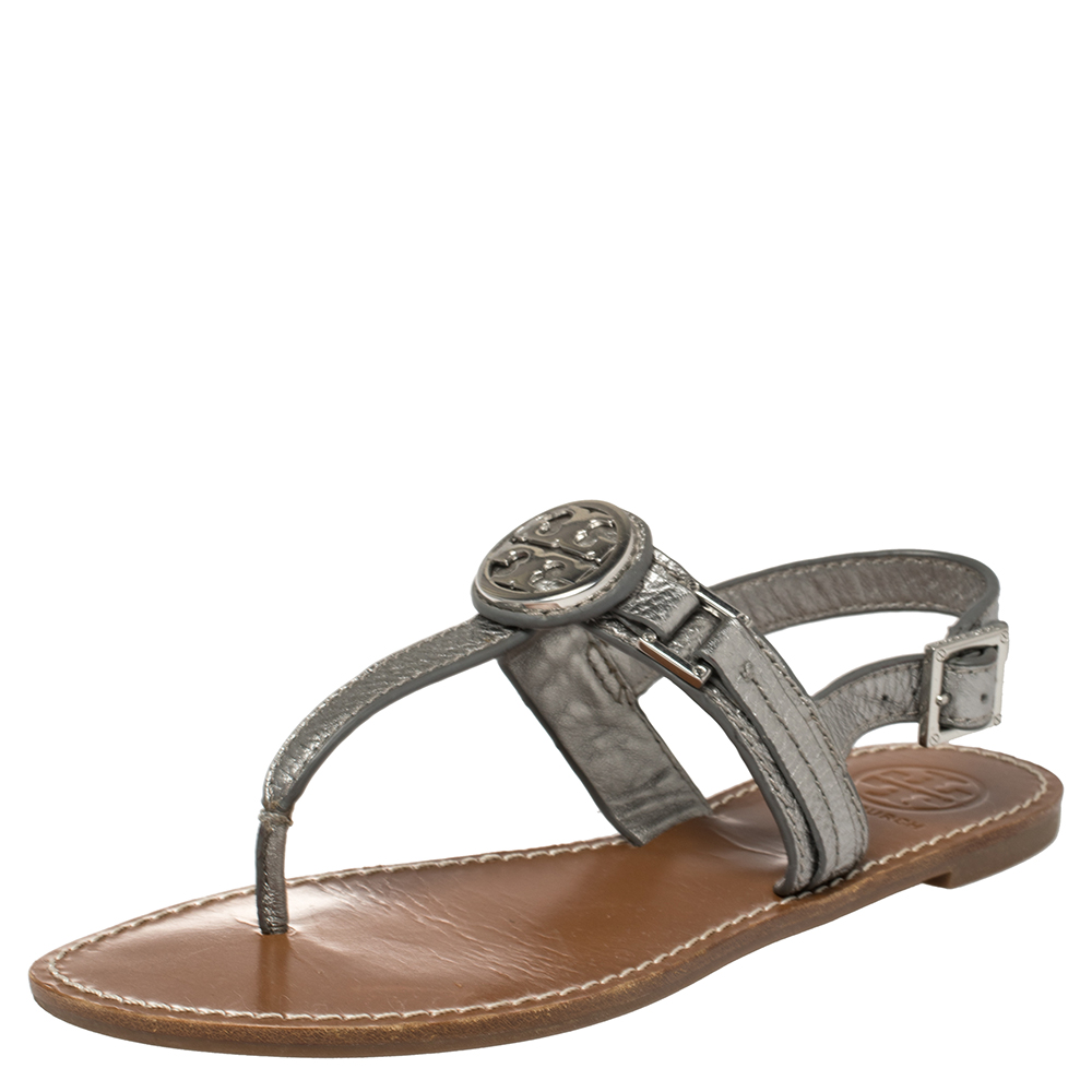 Pre-owned Tory Burch Metallic Silver Leather Thong Sandals Size 37
