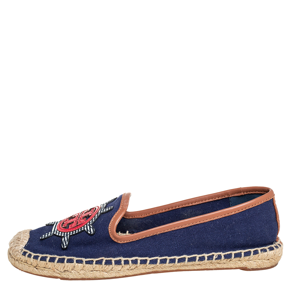 

Tory Burch Navy Blue Canvas And Leather Espadrilles Flats Size