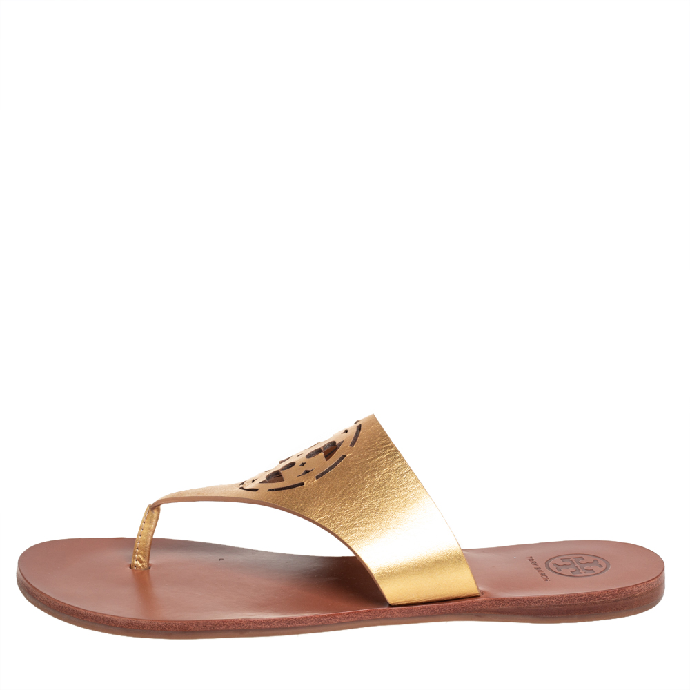 

Tory Burch Gold Leather Thong Flats Sandals Size