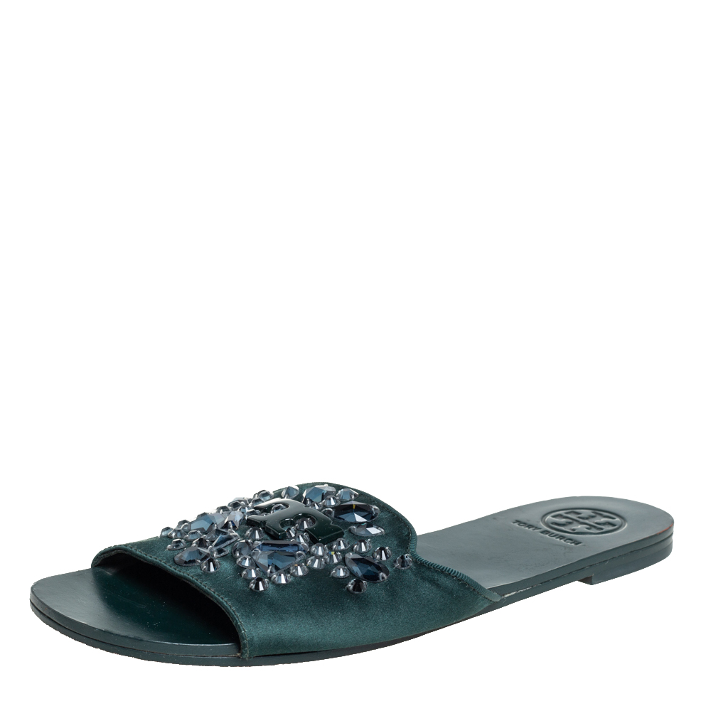 Pre-owned Tory Burch Green Satin Crystal Embellished Slide Sandals Size 37
