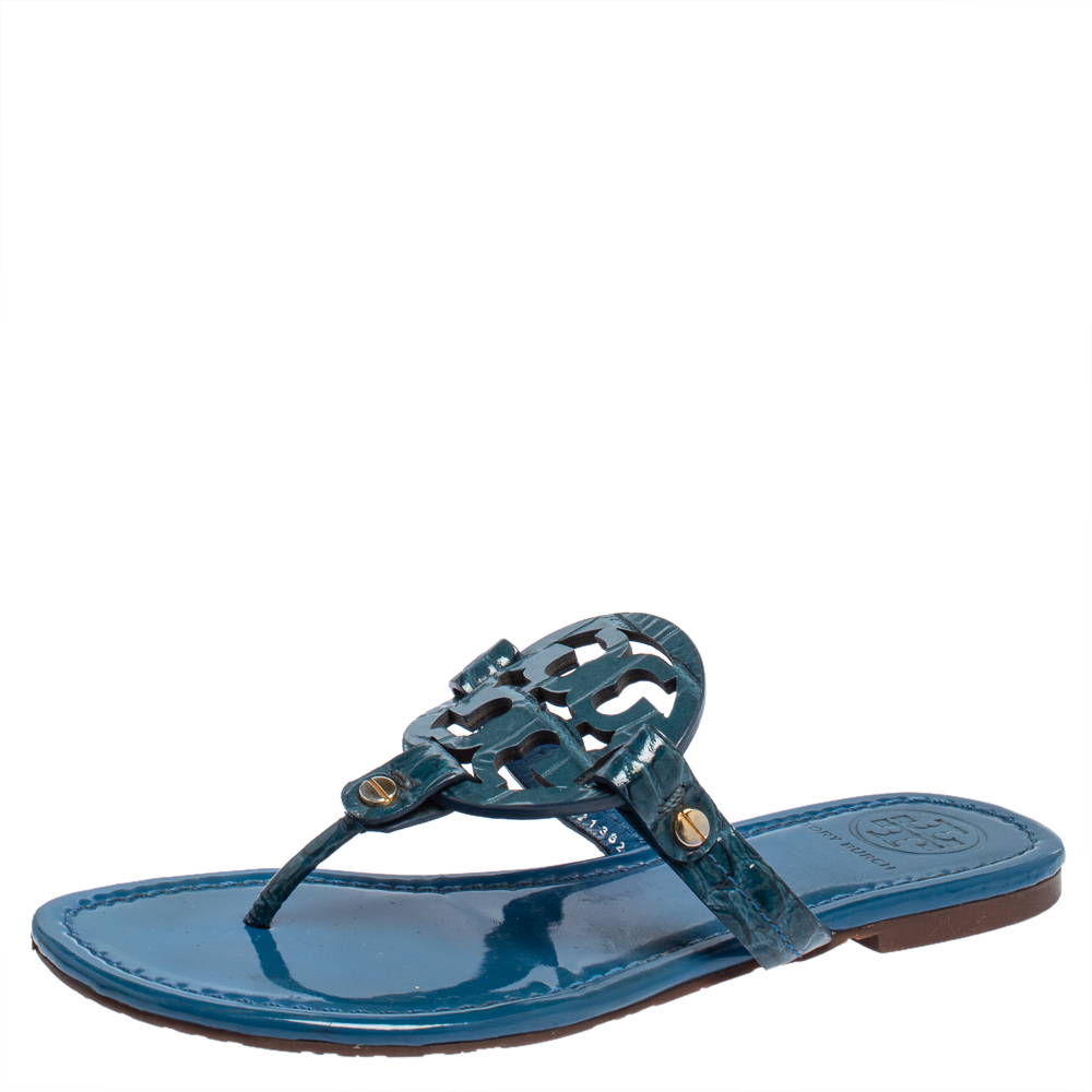 Pre Owned Tory Burch Blue Croc Embossed Leather Thong Sandals Size 36