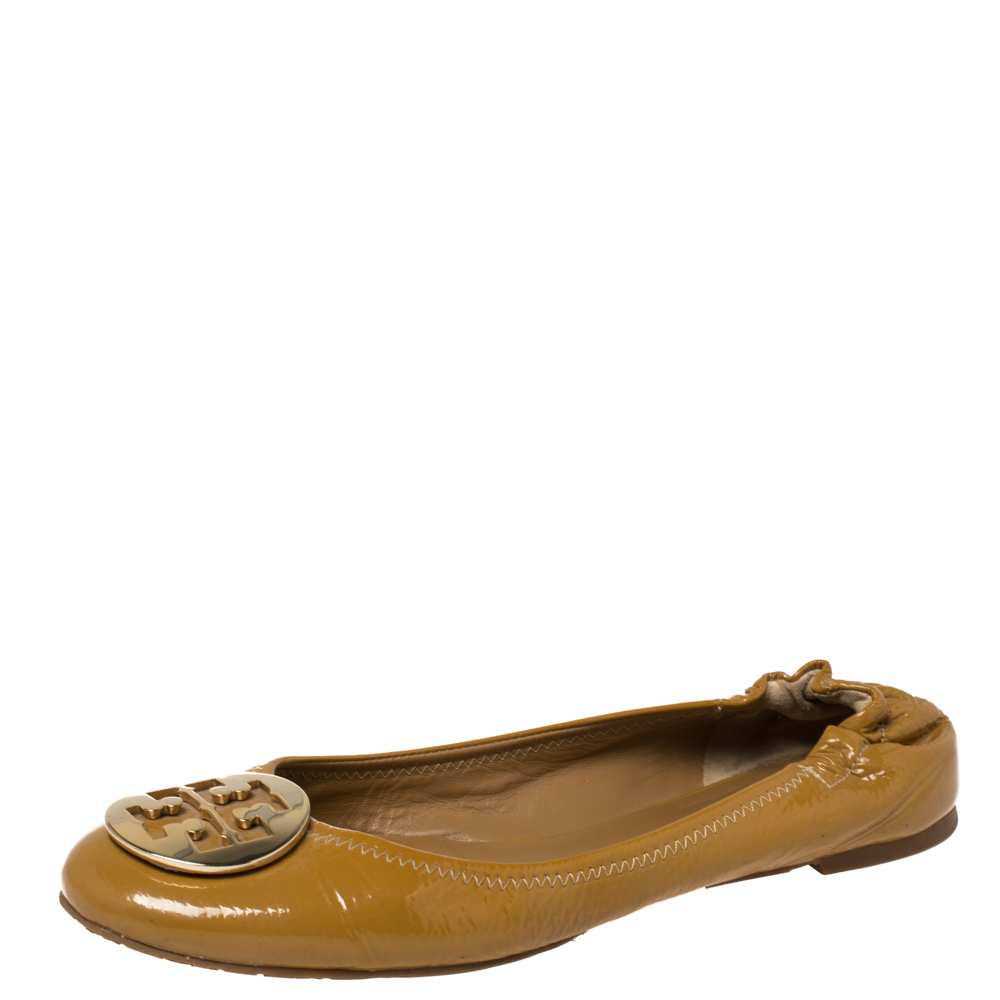 Pre-owned Tory Burch Mustard Yellow Patent Minnie Travel Logo Ballet Flats Size 41