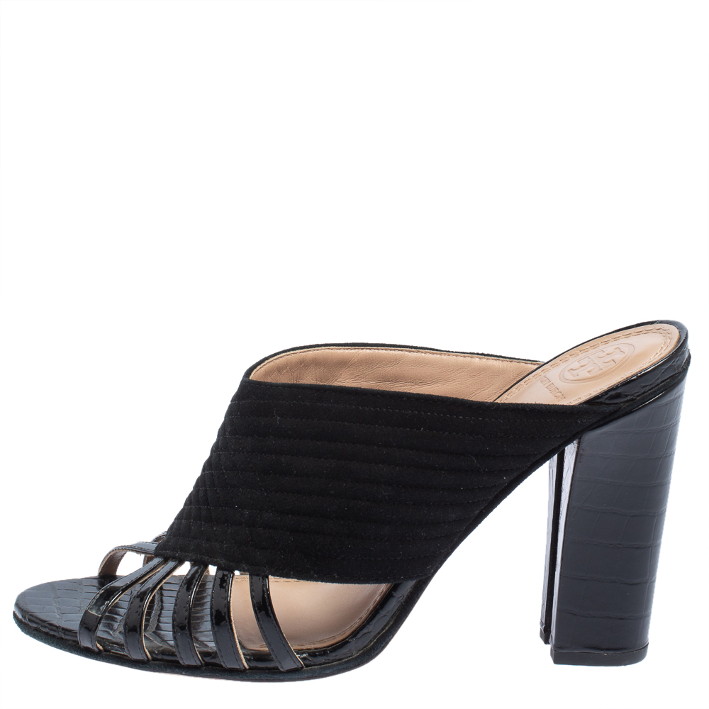 

Tory Burch Black Suede And Patent Leather Open Toe Slide Sandals Size