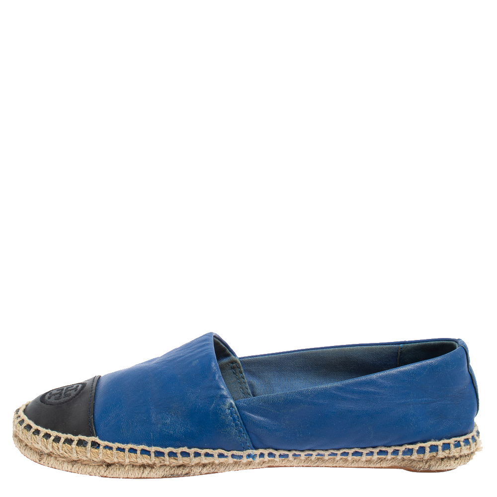 

Tory Burch Blue/Black Leather Cap Toe Flat Espadrilles Size