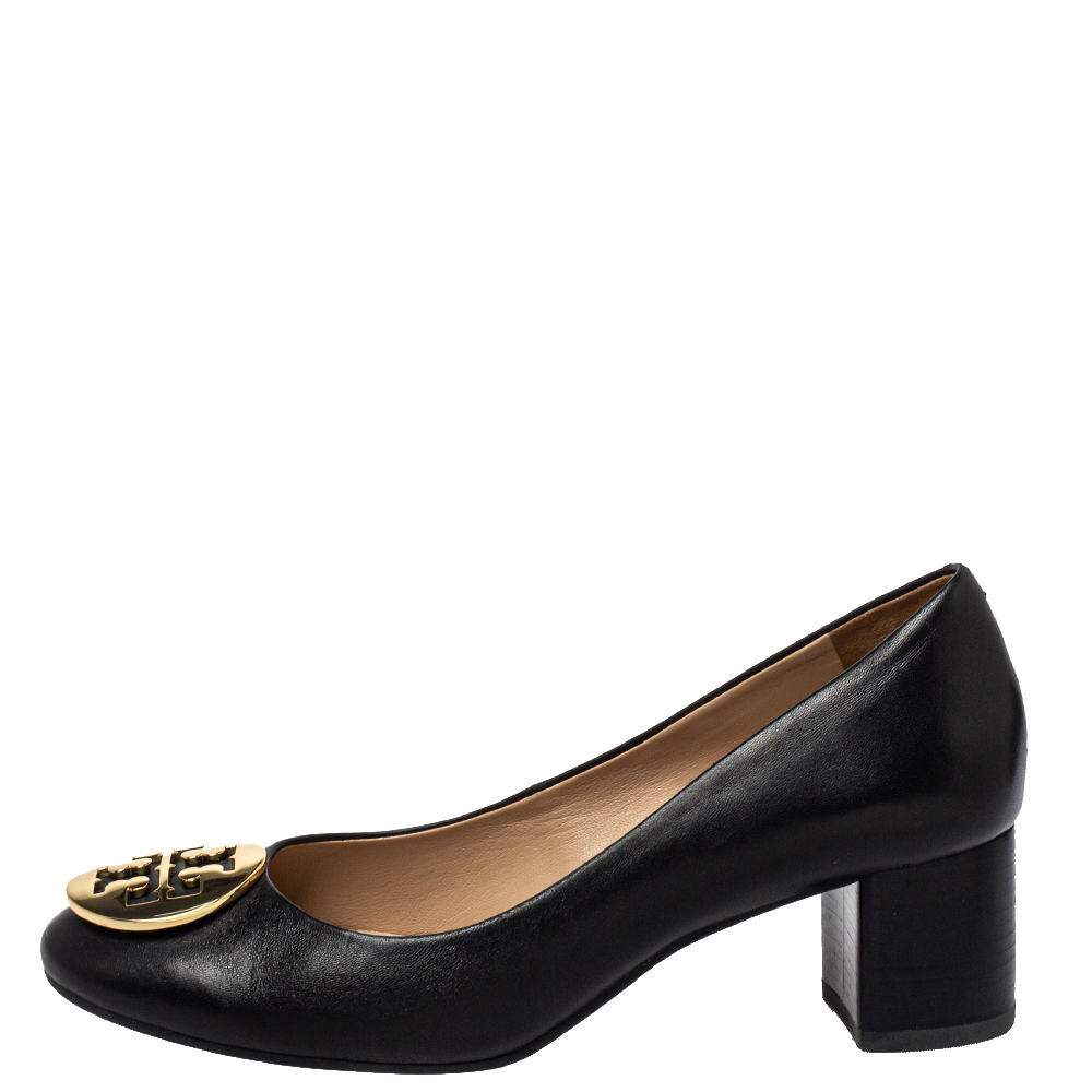 

Tory Burch Black Leather Janey Block Heel Pumps Size