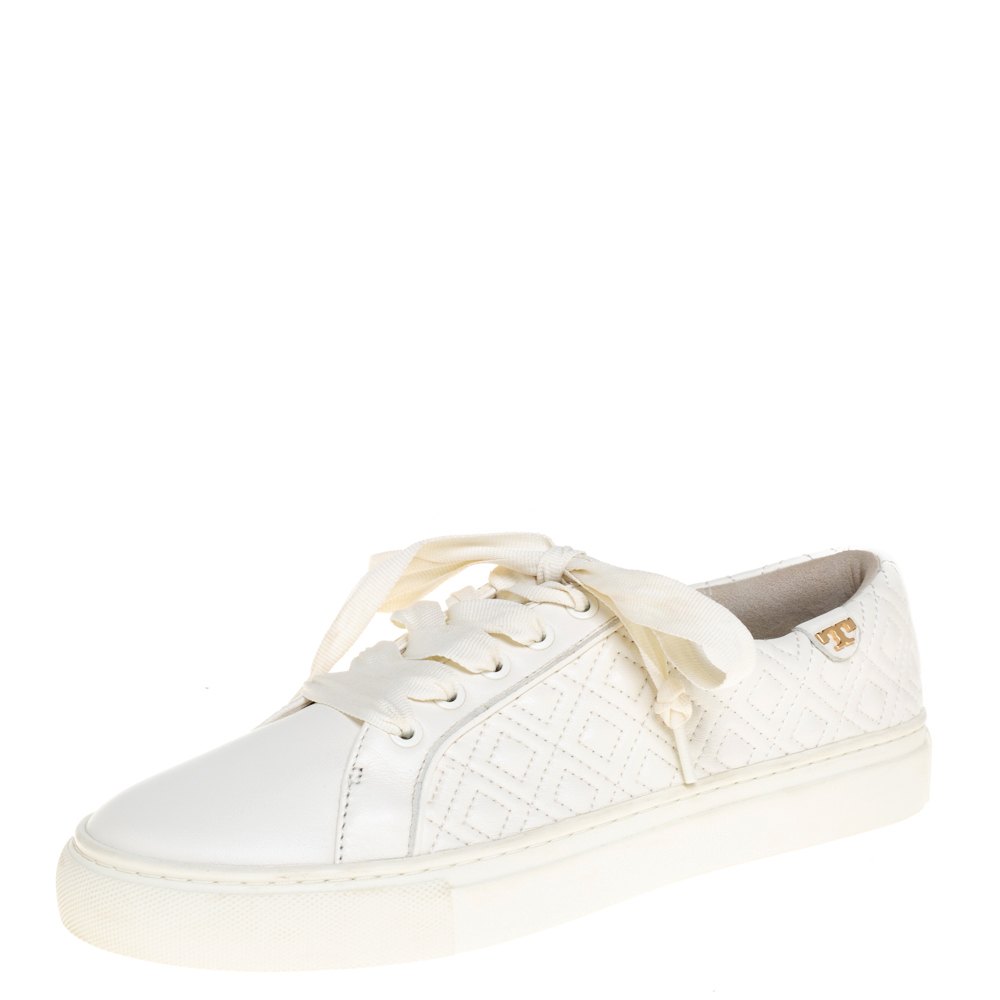 Pre-owned Tory Burch White Marion Quilted Leather Low Top Trainers Size 38