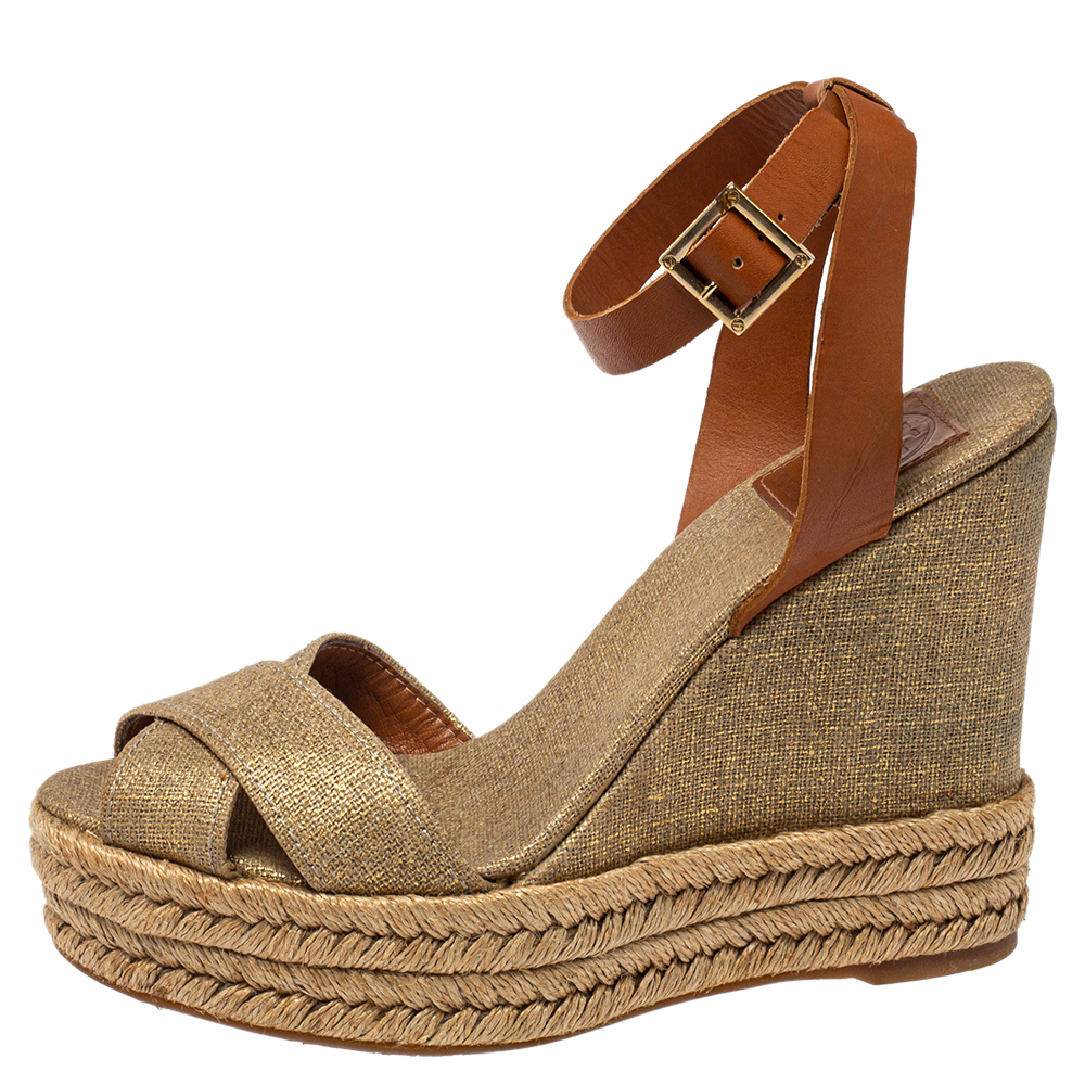 

Tory Burch Gold Canvas Espadrille Wedge Sandals Size