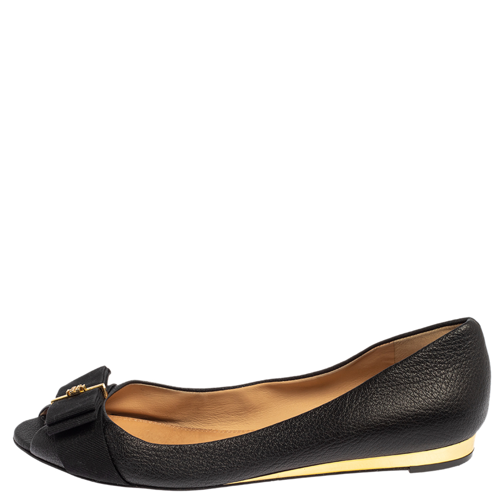 

Tory Burch Black Leather Peep Toe Bow Flats Size