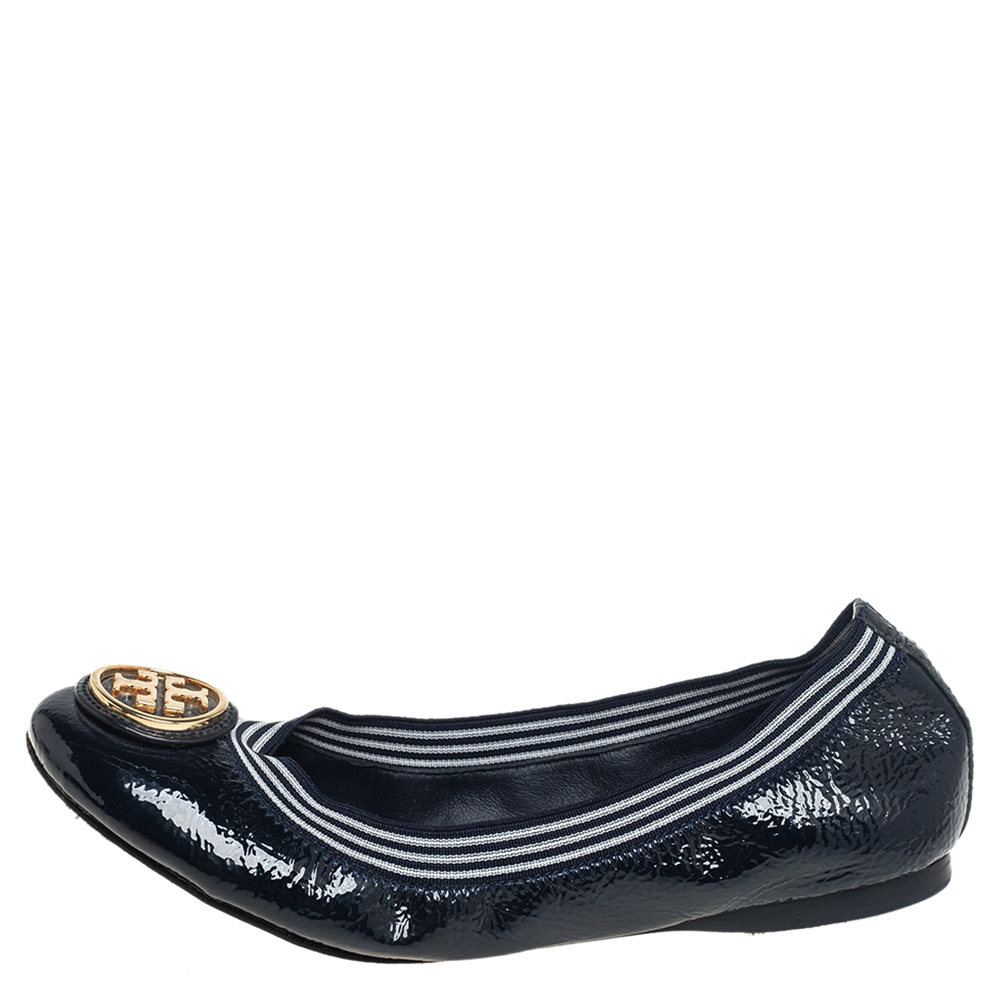 

Tory Burch Navy Blue Patent Leather Croline Scrunch Ballet Flats Size