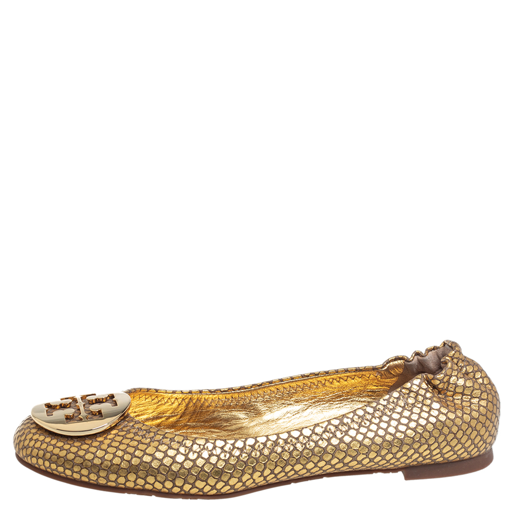 

Tory Burch Gold Python Embossed Leather Ballet Flats Size